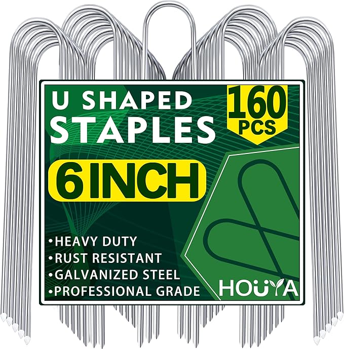 U Shaped Garden Stakes 6 Inch 160 Pack Drip Irrigation Stakes Galvanized Landscape Garden Staples Hose Stakes for Soaker Hose Drip Line Irrigation Tubing Tube, Lawn Ground and Weed Barriers