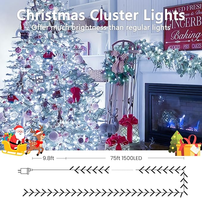 75FT 1500 LED Cluster Christmas Lights, Christmas Tree Lights Outdoor 8 Modes with Timer & Remote, Firecrackers String Lights Waterproof for Garland Party Xmas Decorations, Cool White