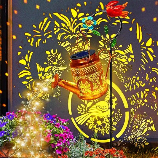 Solar Lights Outdoor Garden Decor, Cardinals Hanging Waterproof Watering Can Lights Outside Decorations for Yard Front Porch Patio Backyard Gift for Mom Grandma Women Birthday (with Shepherd Hook)