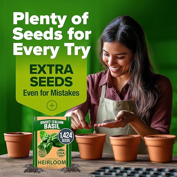 HOME GROWN Italian Basil Seeds (Bulk Pack), 1424 Sweet Large Leaf Basil Seeds for Planting, Non-GMO and Heirloom Herb Seeds for Planting Indoors or Outdoors (Ocimum basilicum)