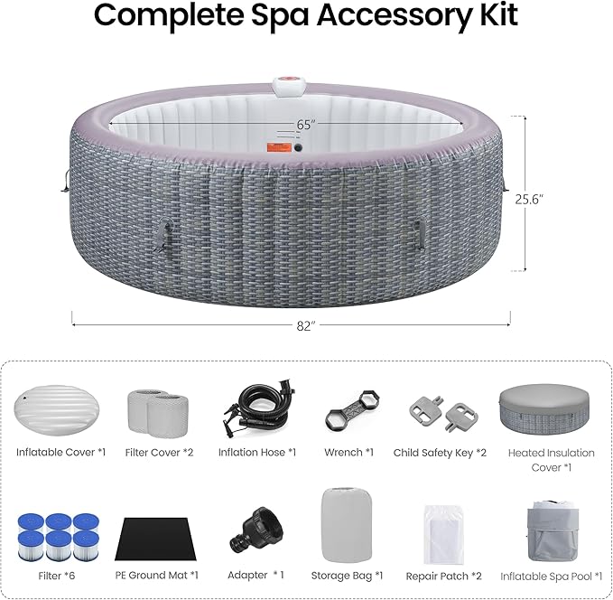 Inflatable Hot Tub for 4-6 People, Portable Bubble Massage Spa with 130 Soothing Jets, Built-in Heater Pump & 6 Filter Cartridges (Round)