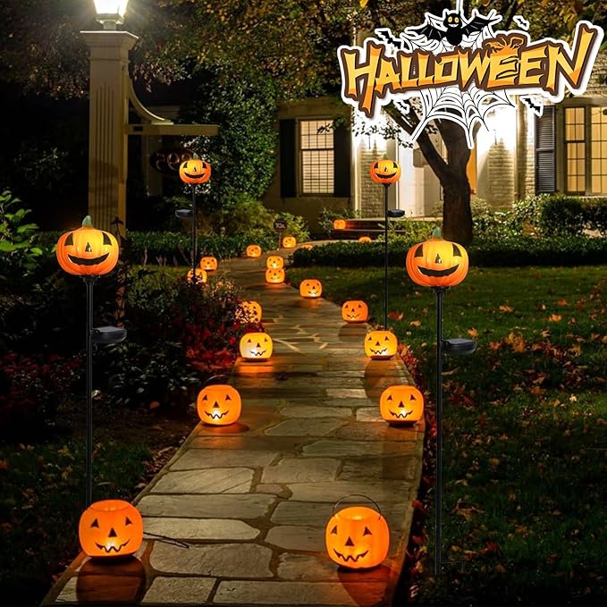 Afirst Halloween Pumpkin Pathway Solar Lights Handblown Glass Halloween Jack O Lantern Halloween Yard Display Solar LED Outdoor Décor Front Porch Decor 2 Pack, Orange