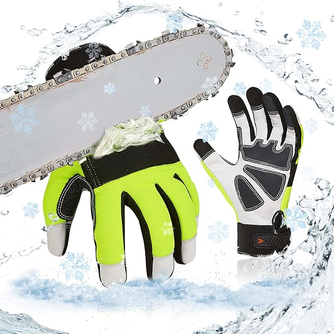 Vgo... 1Pair Chainsaw Winter Gloves,12-Layer Chainsaw Protection on Left Hands Back,Goat leather(M,Hi-Viz Green,GA8912FWCS)