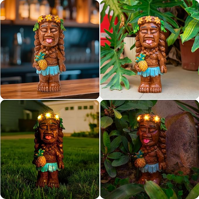 Solar Tiki Girl Garden Statues Tiki Lady Holding Pineapple Figurine with Flower LED Lights Bar Patio Porch Yard Outdoor Decorations Christmas Thanksgiving Birthday Gardening Gift for Mom Women