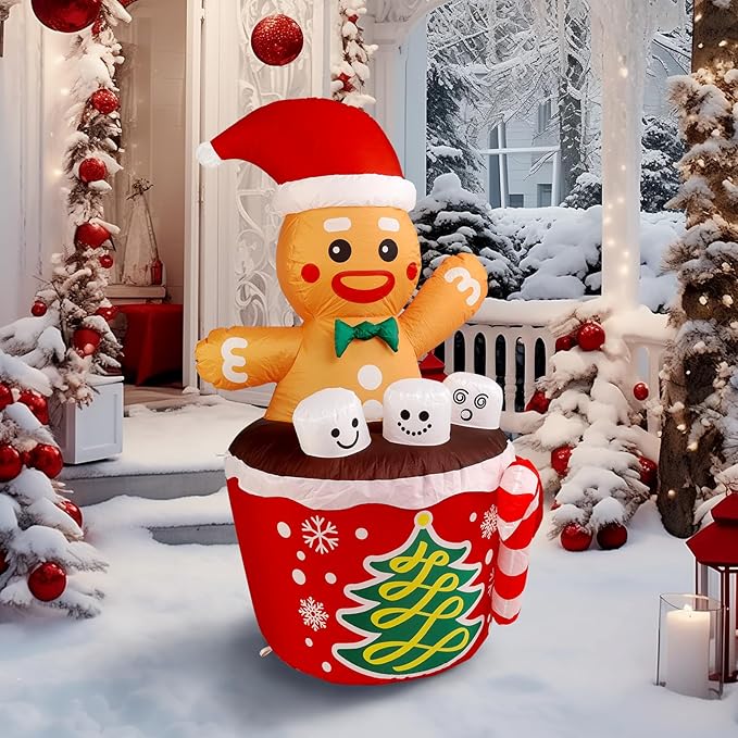 WBHome 5 Ft Christmas Inflatable Gingerbread Man in Cocoa Outdoor Decorations, Xmas Blow Up Yard Decor with Built-in LED Light for Lawn Home Party Indoor Outdoor