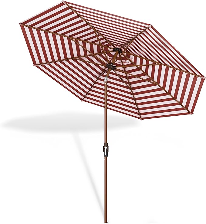 Midtown Umbrellas Wooden 2-8 Feet Outdoor Patio Umbrella, Terylast Red & White Stripes Fabric, Aluminum Frame For Backyard Umbrella, Deck Umbrella, Garden Umbrella & Pool Umbrella - Wooden Pole