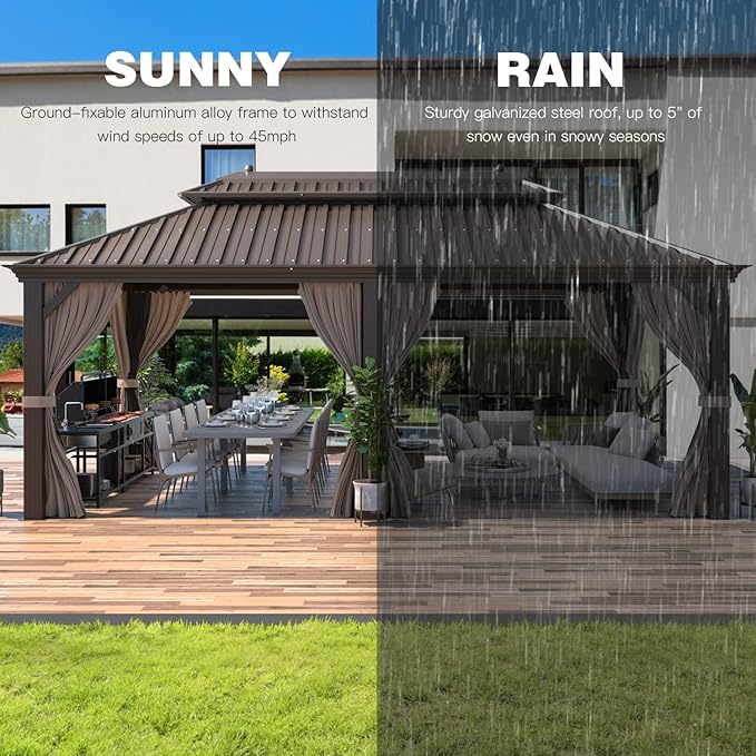 YOLENY 12'X20' Hardtop Gazebo, Galvanized Steel Ventilation Double Roof with Aluminum Frame,Outdoor Gazebos Pavillion with Netting and Curtains for Garden, Patio, Lawns, Parties