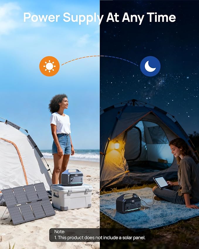 Portable Power Station 600W (1200W Peak), 288Wh (90,000mAh) LFP Battery Solar Generator, 2hrs Fast Charging, 8.86LB Power Bank with AC Outlets for Outdoor Camping, Home Emergency (Solar Optional)