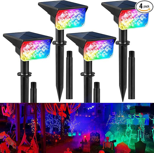 Halloween Solar Spot Lights Outdoor Color Changing, IP65 Waterproof RGB Solar Lights Outdoor, Auto On/Off Landscape Spotlights with 10 LEDs for Garden Pathway Yard Holiday Decoration 4 Pack