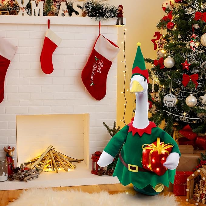 Christmas Toy Soldier Style Porch Goose Outfits,2 Pcs/Set Goose Clothes with Pointed Hat and Gift Box Fits 23" Lawn Goose Statue,Green Christmas Outdoor Goose Costume,Yard Patio Garden Xmas Decor