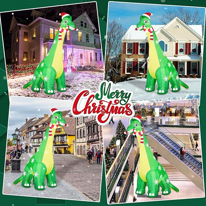 13FT Giant Dinosaur Christmas Inflatable Decorations, Built-in LED Lights, Strong Blower Huge Blow Up Yard Clearance Decor with Large Candy Cane Xmas Santa Hat Outdoor Indoor Holiday Party