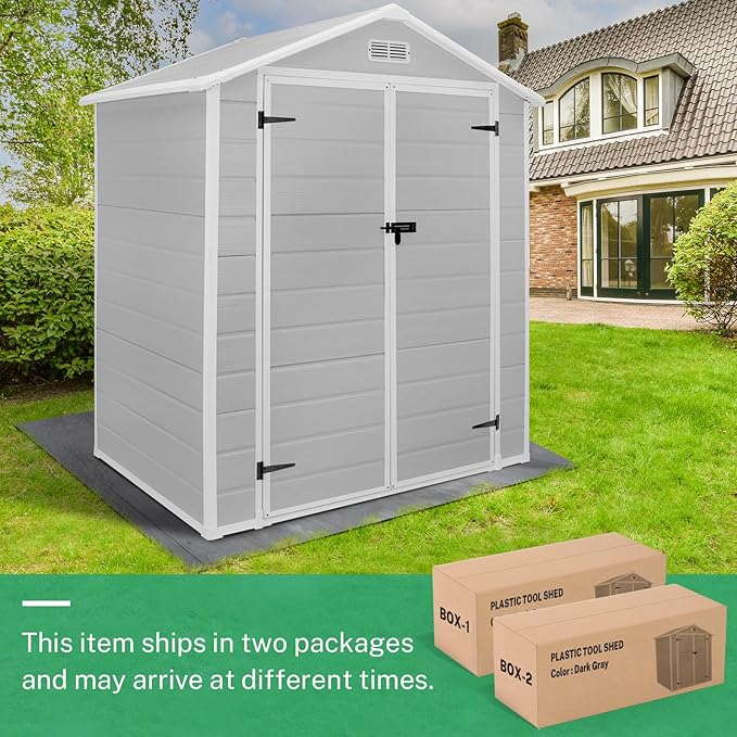 Seizeen 6x4.4ft Resin Shed with Floor, Waterproof Outdoor Plastic Shed w/Lockable Doors, Window & Vents, Outdoor Storage Shed for Storing Lawn Mower, Patio Furniture, Tools, Bike (Light Gray)