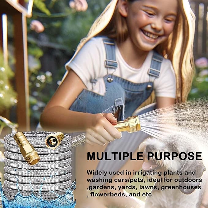 Stainless Steel Garden Hose: Durable Quality Metal with High-pressure Water Output for Gardeners(25FT)