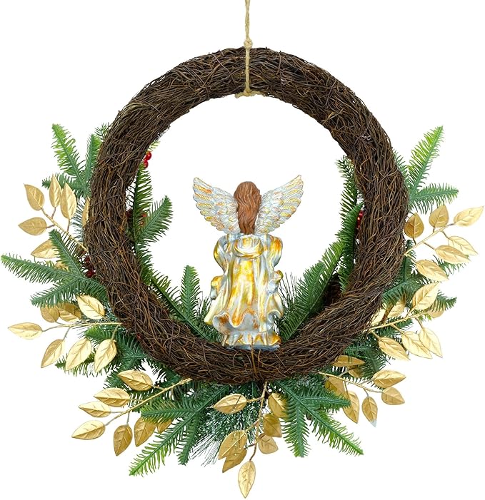 YULETIME 24" Angel Christmas Wreath, Artificial Holiday Wreath with Resin Angel Statue, Natural Rattan Ring & Pine Cones, Golden Leaves, Red Baubles, Spruce Branches, Snowy Pine Needles