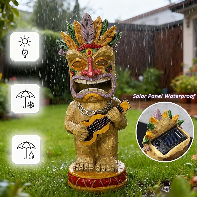 Solar Tiki Garden Statue with LED Eyes Outdoor Resin Ukulele Player Yard Decor Solar Light Hawaiian Style Lawn Ornament for Patio Porch Lawn Tiki Bar or Tiki Lover Funny Gifts