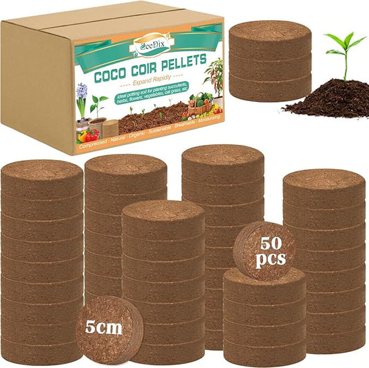 ZeeDix 50pcs(50mm) Coco Coir Pellets Potting Soil Indoor Plants, Compressed Coconut Coir Soil Pellets Seed Starting Pellets Soil Discs for Planting Flowers Bonsai Herbs Plants and Vegetables