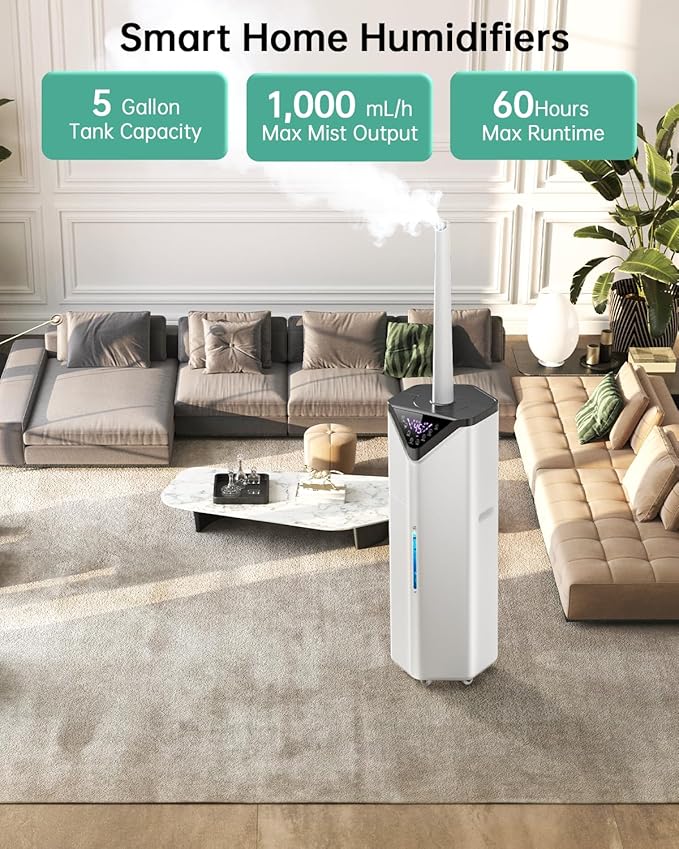 5Gal Smart Humidifier Large Room up to 2800ftยฒ, 1000mL/h, APP & Remote Control, 180ยฐ Auto Rotating Nozzle, 24H Timer, 60H Supersized Cool Mist Humidifiers for Whole House Home Bedroom Office Plants