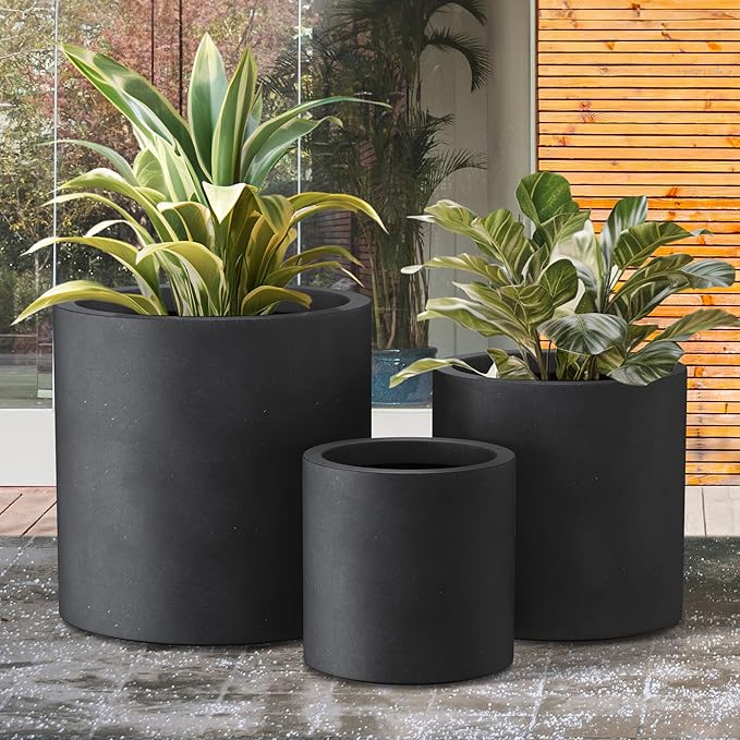 Kante 9.8",12.6",15.7" Dia Round Concrete Planter Set of 3, Modern Style Large Cylindrical Plant Pot with Drainage Hole and Rubber Plug for Indoor Outdoor Patio, Black