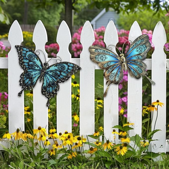 LIFFY Metal Butterfly Wall Decor,2Pack 12" Hanging Glass Butterfly Outdoor Decor,Garden Decorative Ornaments Outside for Home,Yard,Fence,Patio