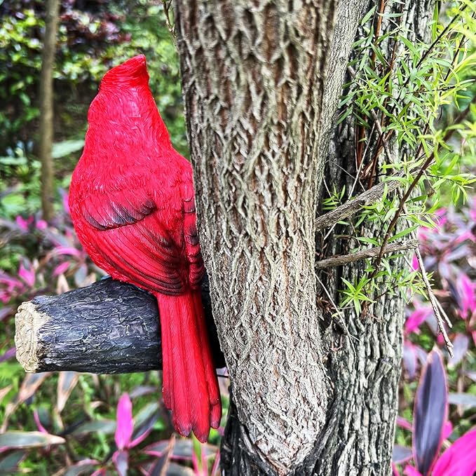 Tree Hugger Cardinal, Large Red Bird Garden Statue, Resin Figurine Hanging Tree Face Sculpture Yard Ornament