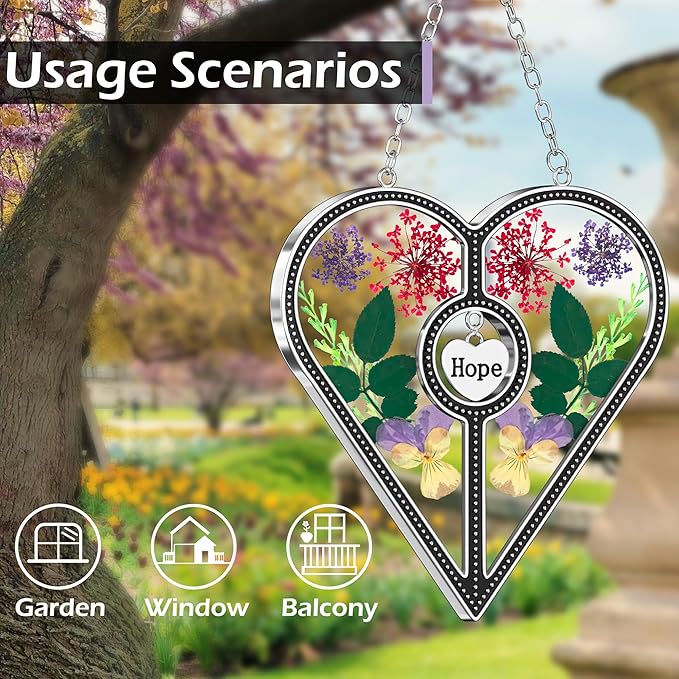KY&BOSAM Heart Suncatcher Hope Stained Glass Panels for Windows Hangings Wind Chime with Pressed Real Flower Heart Embedded in Glass Friend Gifts- Birthday Gifts for Women Mother`s Day Christmas Decor