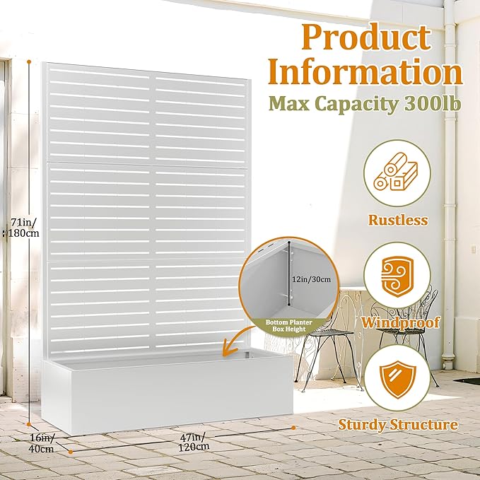 Metal Planter Box with Trellis, Heavy-Duty Raised Garden Bed for Climbing Plants, Drainage Hole, Outdoor Planter Box with Privacy Screen,47''L×16''W×71''H