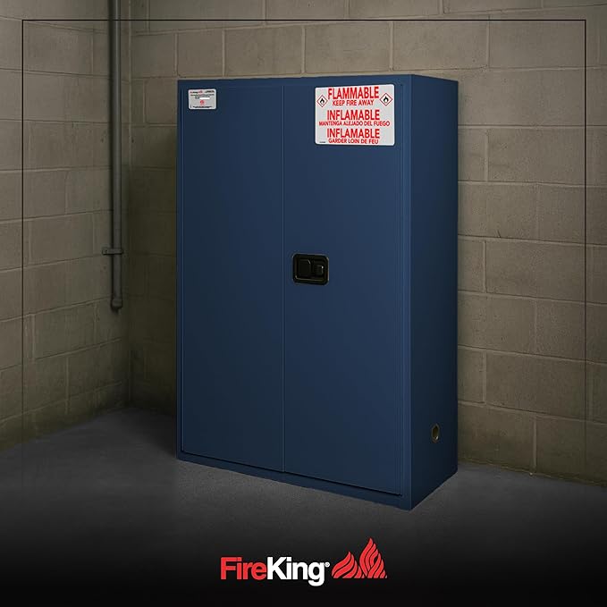 FireKing Blue Flammable Safety Cabinet, Corrosives Flammable Storage Cabinet, 45 Gallon Steel Safety Cabinets with Manual Door for Commercial, Industrial & Home Use, 43" x 18" x 65"