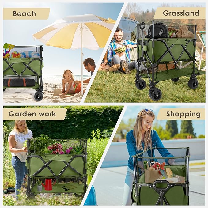HOPERAN 550L XXL Wagons Carts Foldable, 54" Extra Length & Height Double Deck Collapsible Wagon Cart with Tailgate, 8" Big All-Terrain Wheels, 550lbs Load Utility Grocery Cart for Camping,Sports,Beach