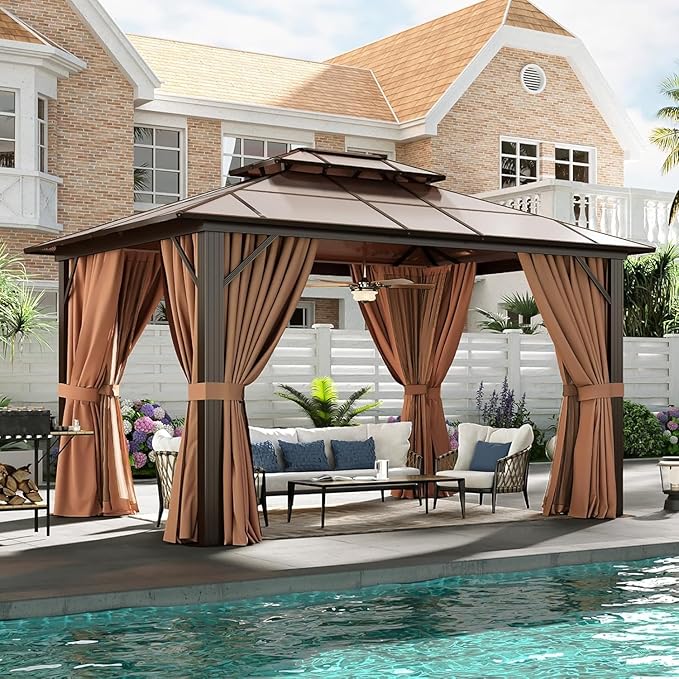 Aoxun 10' x 12' Outdoor Hardtop Gazebo Premium Polycarbonate Double - Roof Structure with Aluminum Frame, Complete with Privacy Curtains & Mosquito Netting for Backyard, Patio, Deck Parties (Brown)