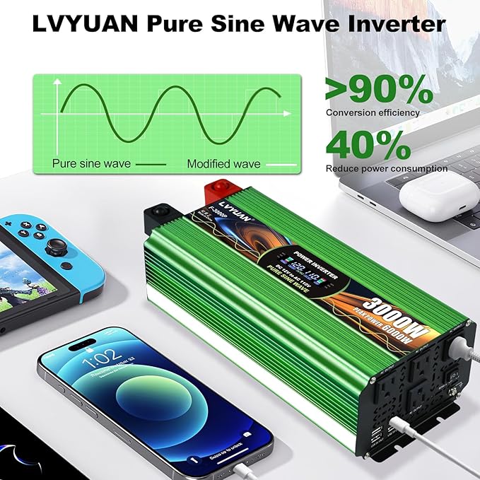3000W Pure Sine Wave Power Inverters, LVYUAN 6000W Peak Power 12V DC to AC 120V Power Converter for RV, Truck, Outdoor, Remote Control Quadruple AC Outlets and USB Ports Inverter with LCD Display