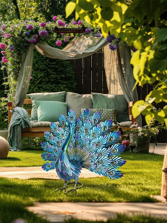 YEAHOME Garden Decor Outdoor Statues, 22.4" Large Metal Peacock Standing Yard Art, Blue Green Bird Lawn Sculptures Garden Decor for Outside Patio Porch Backyard
