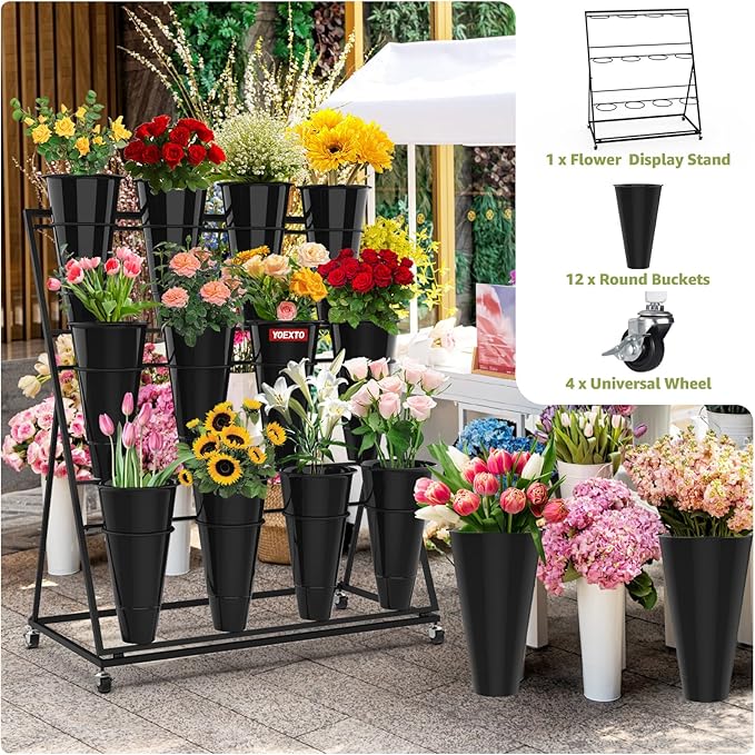 Flower Display Stand 3 Layers with 12 PCS Round Buckets, Plant Stand with Wheels, Movable Metal Plant Stand for Terrace Garden, Florist Shop