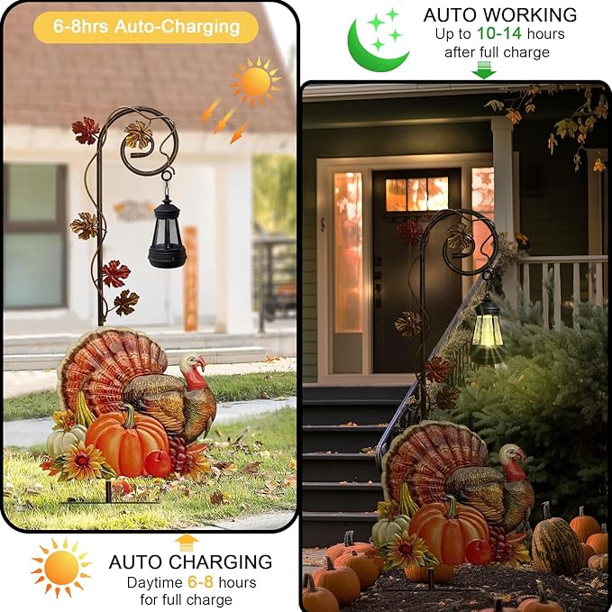 Solar Turkey Pumpkin Garden Stake Light Metal Thanksgiving Decoration Outdoor Fall Decor for Garden Courtyard and Lawn Christmas Decor and Thanksgiving Gifts