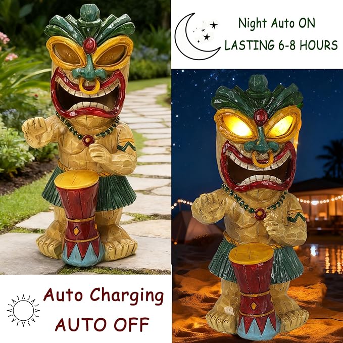 Solar Tiki Garden Statue with LED Eyes Outdoor Polynesian Drummer Hawaiian Party Decor Solar Light Ornament for Patio Porch Lawn Tiki Bar or Tiki Lover Funny Gifts