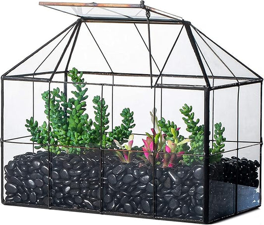 NCYP Glass Terrarium Planter with lid for Small Succulent Cacti - 9.84" x 5.31" x 7.87" Grid House Shape Geometric Planter Pot, Home Garden Indoor Tabletop Decor, Black (No Plants)