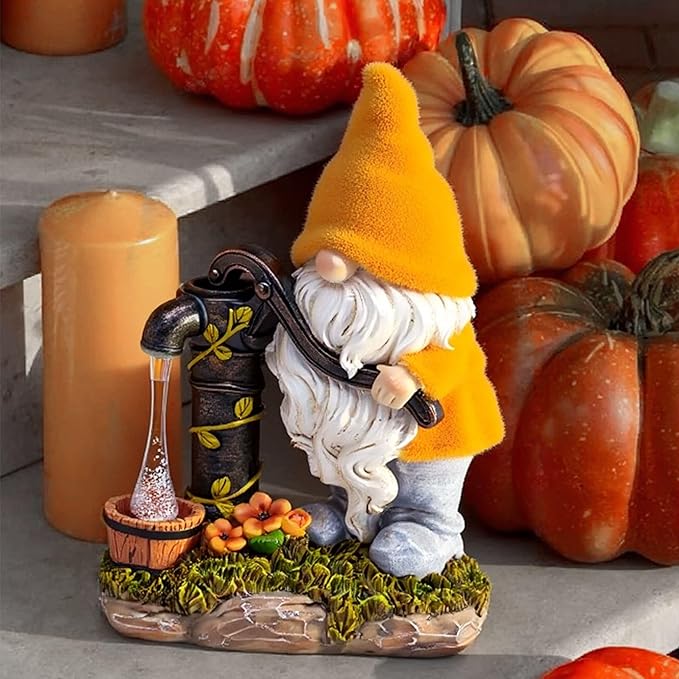 TERESA'S COLLECTIONS Fall Decor, Fall Gnomes Decor, Autumn Garden Gnomes Pumping Water with Solar Lights, Waterproof Resin Outdoor Fall Decor, Fall Gifts Outdoor/Indoor,9"