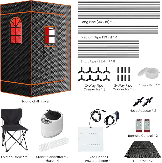 DoCred Upgraded 2 Person Portable Infrared Sauna Box, Extra Large Portable Steam Sauna for Home,Personal Sauna Tent Full Body with 2 Steamers, 2 Folding Chair,Remote Control