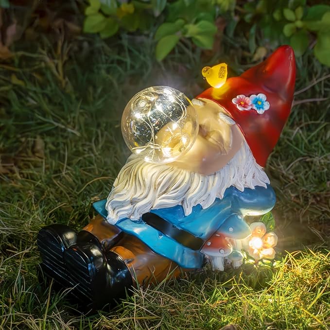 Solar Garden Statue Gnome Figurine Lights, Funny Sleepy Gnomes Dreaming, Outdoor Garden Decorations for Patio Porch,Gifts for Women Mum