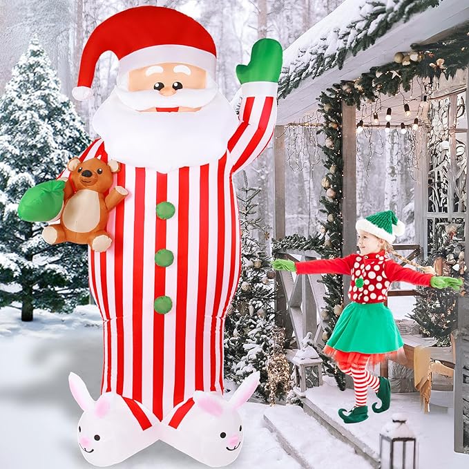 Christmas Inflatable Santa Claus Outdoor Decorations 8ft Giant Blow Up Yard Striped Santa Inflatables Cute Xmas Winter Blowups Led Lights Decor Rabbit for Holiday Vacation Outside Lawn