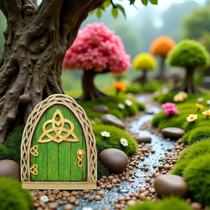 Green Mini Fairy Garden Door for Tree, 3D Miniature Fairy Door for Fairytale Tiny House Doors, Bonsai Terrarium Micro Landscape Decoration Accessories Garden Miniatures