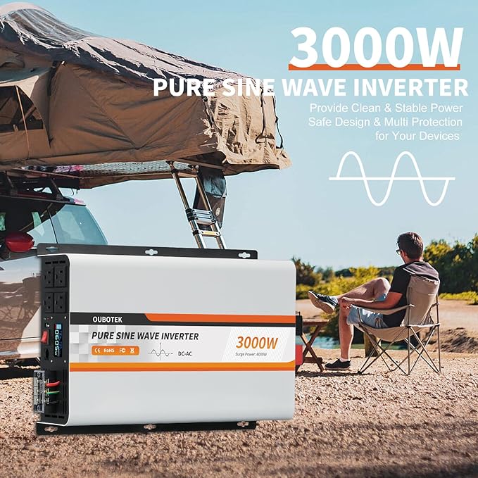 3000 Watt Pure Sine Wave Inverter, DC 12V to AC 120V with LCD Display, Remote Control, USB Port, 4 AC Outlets, and Terminal Block for RV Boat Camping Solar System and Home Use