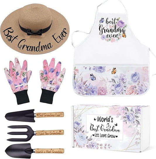 Grandma Gifts for Mothers Day, Gardening Tools Kit with Gloves Apron and Hat, Best Grandma Ever Gifts for Plant Lover, Gardening Gifts Set for Christmas, Grandma Gifts from Grandkids Grandchildren