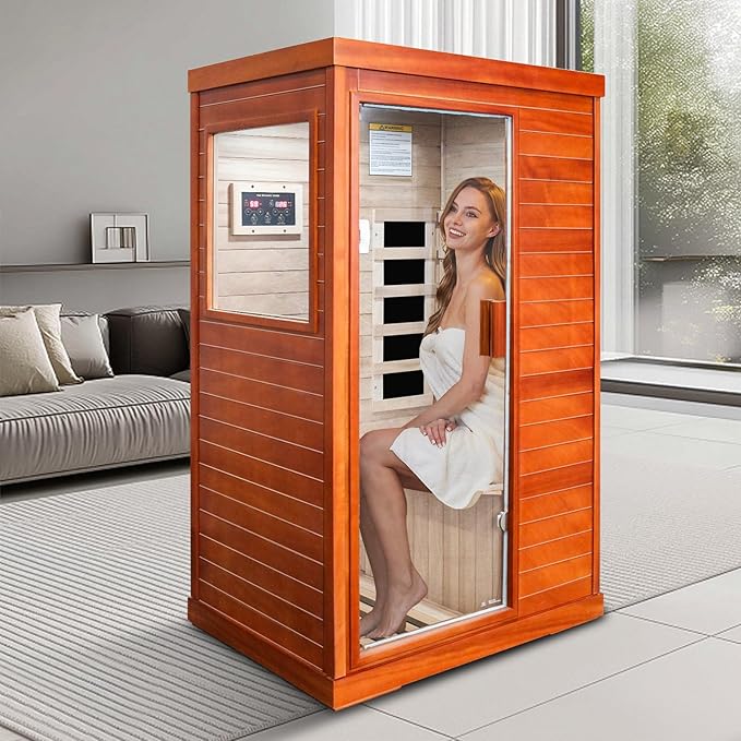Far Infrared Saunas for Home Sauna Room Wood 800W Indoor Sauna Dry Sauna 110V with Control Panel and Tempered Glass Door, Bluetooth Speakers, Reading Lights and Circulation Vents - 35.2*27.6*61.6 IN