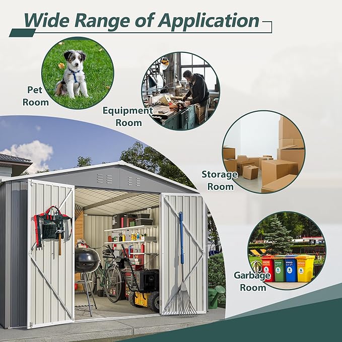 10X10 FT Outdoor Storage Shed,Metal Shed W/Lockable Doors,Air Vents & Sloped Roof,Garden Tool House W/Updated Frame Structure,for Backyard Patio Lawn,Gray