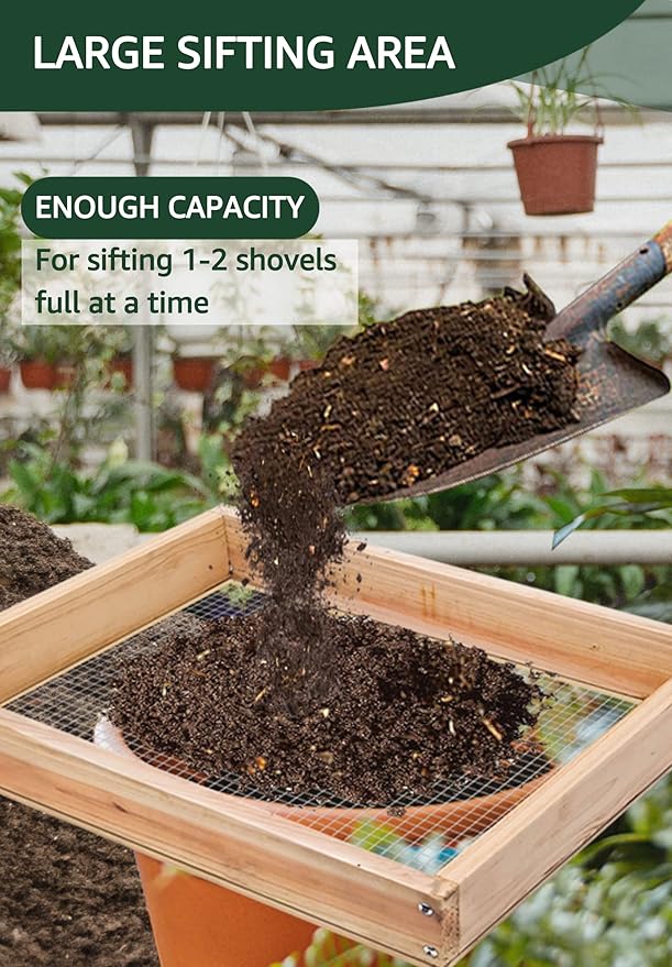 Soil Sifter,Dirt Sifter for Gardening Rock Sifter for Rocks Compost Sifter Wooden Sifting Screen,Garden Sieve for Pellet/Gravel/Soil/Leaves,Garden Tool 15.7" x11.8”x2.8” with 1/5” Mesh…