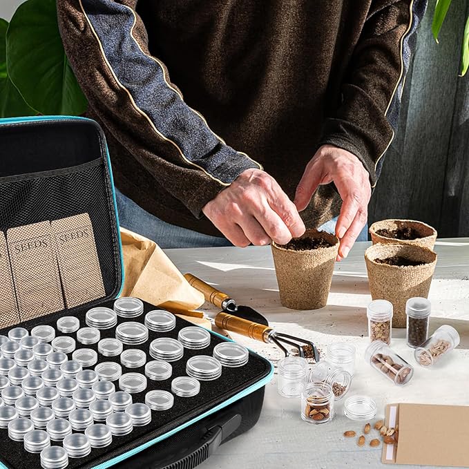 65 Slots Seed Storage Organizer with 20 Seed Envelopes, Sturdy Seed Organizer Box with Zipper Bag Label Stickers 3 Sizes Storage Bottles (Seeds not Included), Seed Storage Container for Flower Plants