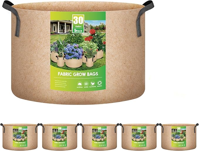 iPower 5-Pack 30 Gallon Plant Grow Bags Thickened Nonwoven Aeration Fabric Pots Heavy Duty Durable Container, Strap Handles for Garden, Tan