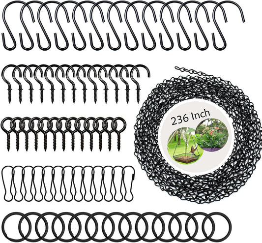 236 Inch Black Metal Hanging Chains and Hanging Basket Hooks Set for Bird Feeders, Birdbaths, Planters, Grow Lights, Lanterns, Wind Chime and Ornaments, Screw Eye Hooks, Chain Hooks DIY