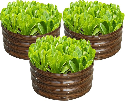 SnugNiture 3 Pcs 2x2x1ft Round Galvanized Raised Garden Bed Kit Outdoor, Metal Planter Box for Planting Plants Vegetables, Brown