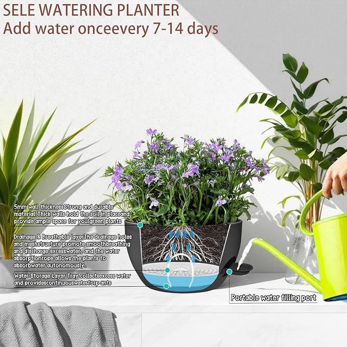 2 Pack 12 Inch Large Hanging Planters with Chains Self Watering Black Plastic Hanging Pots for Indoor Outdoor Plants, Garden Porch Home Decor,Black